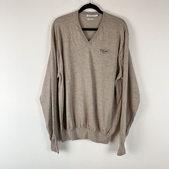 Peter Millar Merino Wool Sweater Mens XXL Beige V Neck Pullover Logo Golf - Picture 1 of 15